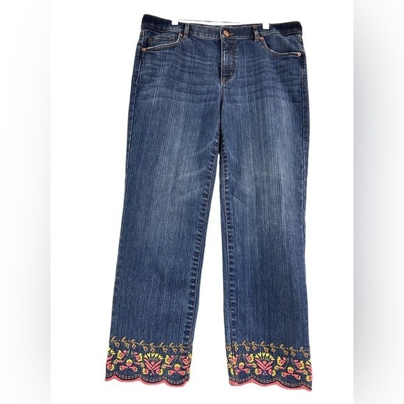 Ann Taylor Loft Embroidered Floral Cropped Denim Blue Jeans, Women's Size 10 - Picture 3 of 9